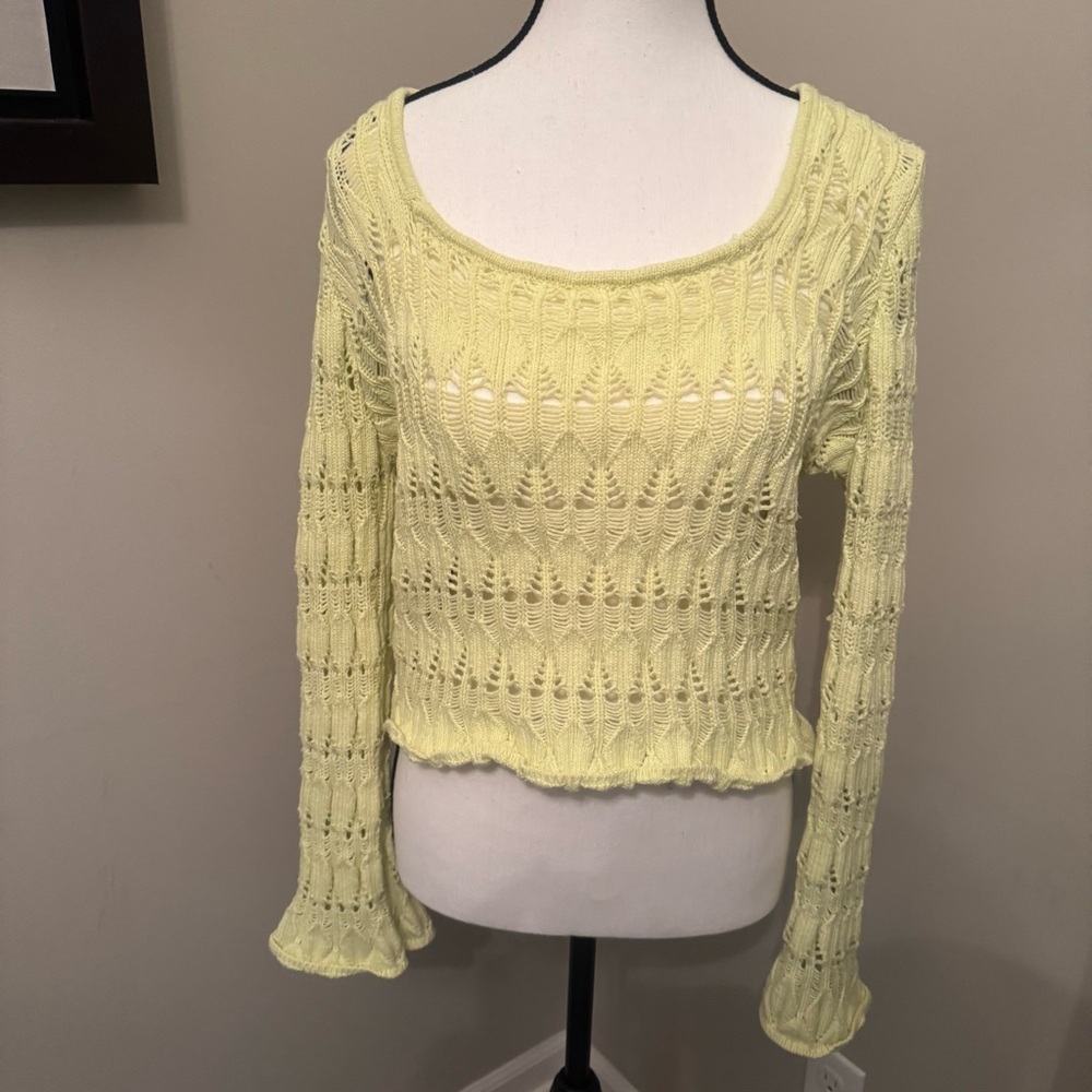 Freshman 1996 Yellow Open Knit Sheer‎ Sweater Fairycore Boho XL